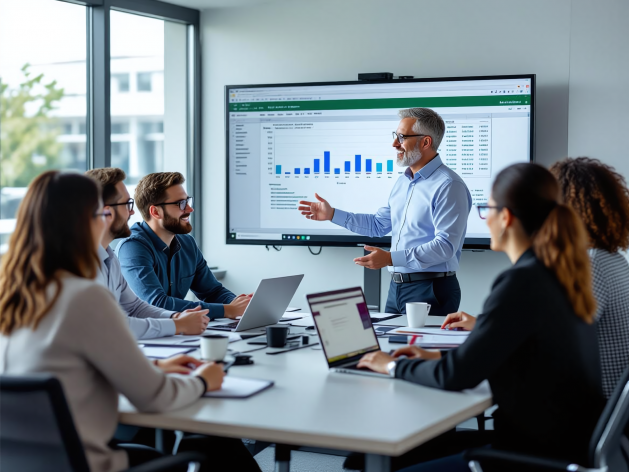 Eine IT Schulung individuell Inhouse in einer kleinen Teilnehmergruppe Inhouse, kleine Seminargruppe, Dozent erklärt Tabellenkalkulation