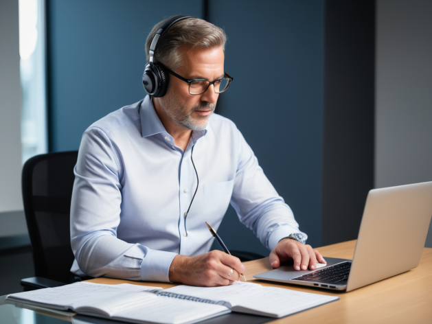 Teilnehmer einer Live Online Schulung am Laptop Ein Mann nimmt an einem Live-Online-Seminar teil.